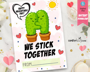 We Stick Together Cactus Puns - Valentines Day Cards For Kids - Cactus Valentine School Exchange Cards - INSTANT DOWNLOAD - CraftyKizzy