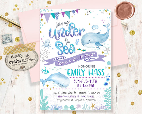 Under The Sea Baby Shower Invitation Girl - Watercolor Nautical Whales Baby Shower Invitations - Printable Ocean Invitation & Book Insert Bundle
