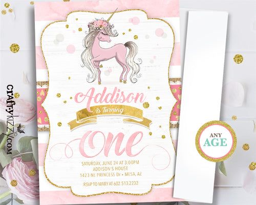 Whimsical Unicorn First 1st Birthday Invitations - Girl Unicorn Invitation - Printable Party Invite - CraftyKizzy