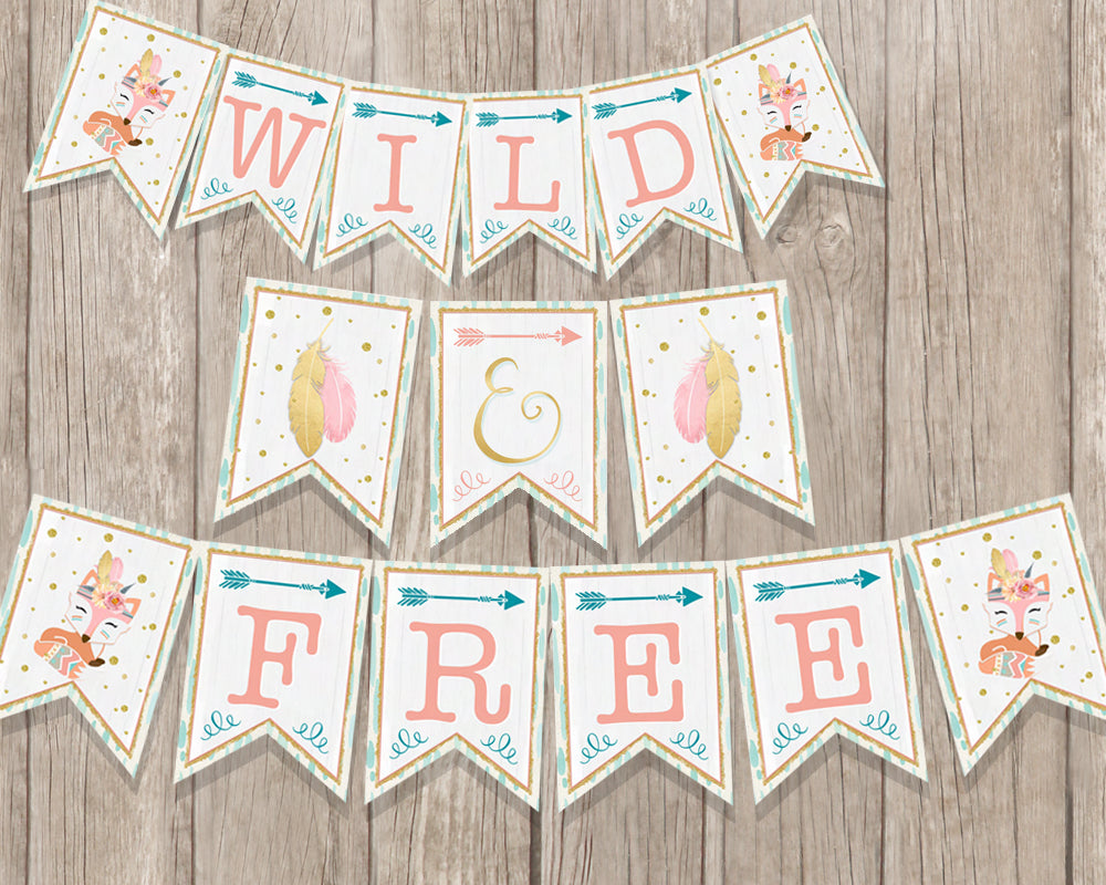Tribal Wild and Free Birthday Pennant Banner - Printable Woodland Girl Fox Bunting Flag Banner - Party Flags P0002 - INSTANT DOWNLOAD - CraftyKizzy
