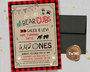 Wilderness Bear First Birthday Invitation Red Plaid Lumberjack Invitations - Triplets Wild Ones Invitation
