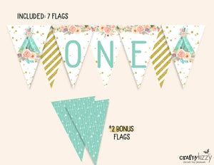 Woodland First Birthday Pennant Banner Boho Teepee Printable Garland - Bunting Flag Banner Decoration - Party Flags P0007 INSTANT DOWNLOAD - CraftyKizzy