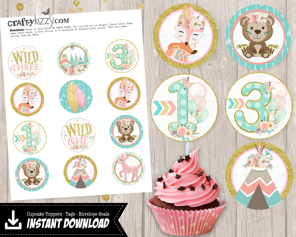Joint Woodland Cupcake Toppers - Wild One and Wild Three Joint Party Toppers - Printable Tags or Stickers - DIY - INSTANT DOWNLOAD - CraftyKizzy