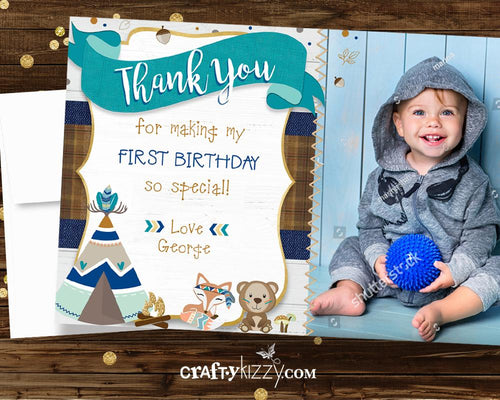 Tribal Photo Thank You Card - Woodland Animal First Birthday Thank You Cards - Printable Wild One - CraftyKizzy