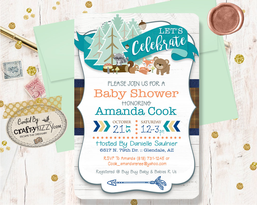 Woodland Boy Baby Shower Invitation - Printable Invitation, Boy Forest Animals - Blue Orange Gold Fox Bear