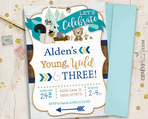 Young Wild and Three Woodland Boy Birthday Invitation - Printable Wild Three Invite - Forest Animals - Tribal Woodland Party