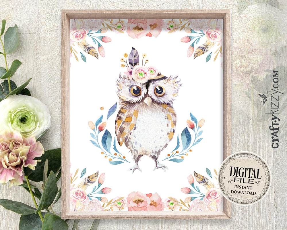 Owl Nursery Wall Art Woodland Owl Wall Prints Animal Print Girl Room Decor Boho Owl Print INSTANT DOWNLOAD