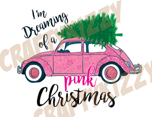 I'm Dreaming of a Pink Christmas - Vintage Retro Bug Pillow Decor - Retro Car with Christmas Tree - INSTANT DOWNLOAD - CraftyKizzy
