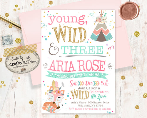 Woodland Young Wild Three Birthday Invitation