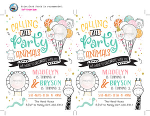 Joint Zoo Animal Birthday Party Invitation Giraffe Boy Girl Party Animal Invitations - Twins Safari Jungle Printable - CraftyKizzy